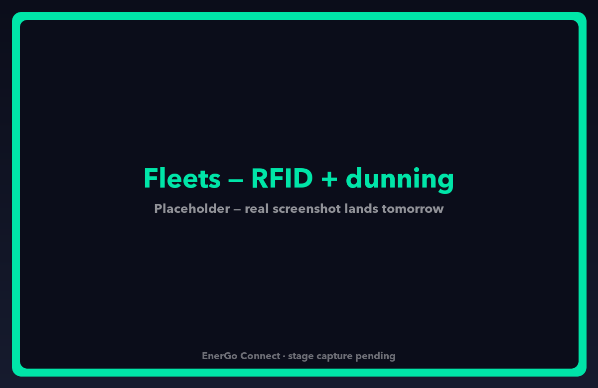 Operator portal — Fleets list with RFID card count, AR aging, dunning status, and bulk CSV import