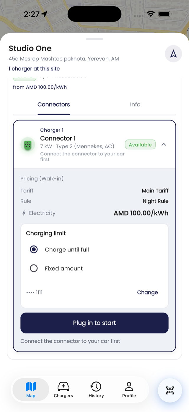 Driver app — charger detail screen showing connector type, live status, and tariff components