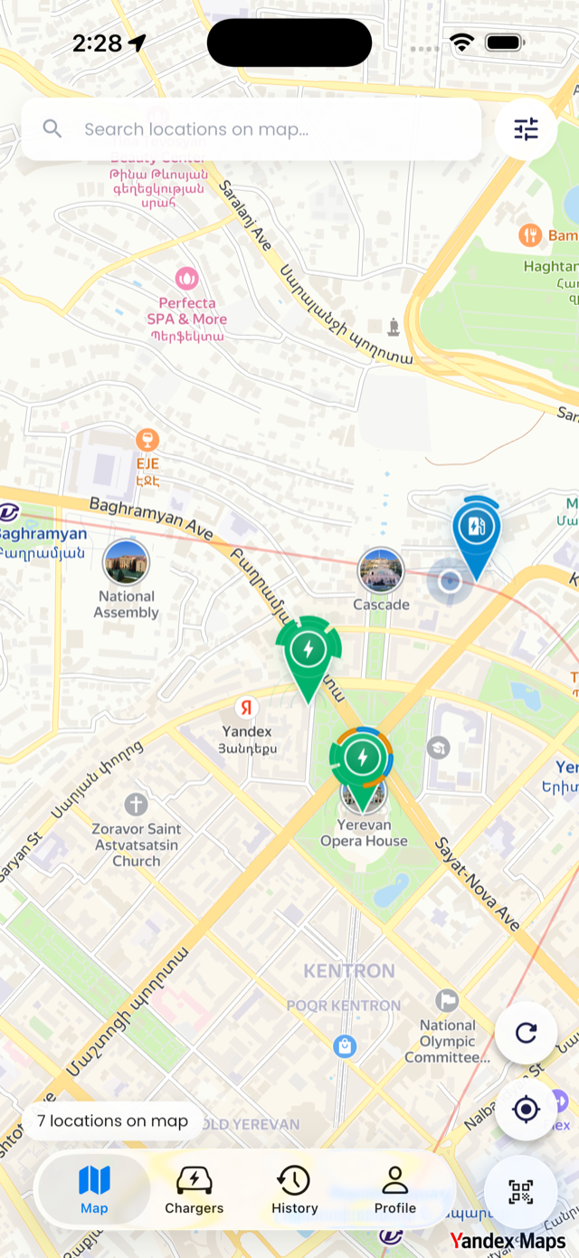 Driver app — live charger map with status filters and live availability dots