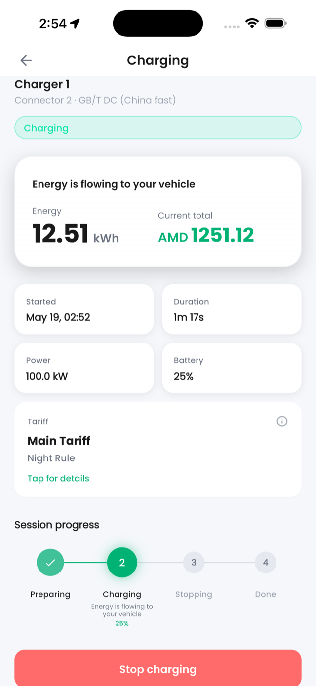 Driver app — active charging session with live kWh, time, cost, and stop button